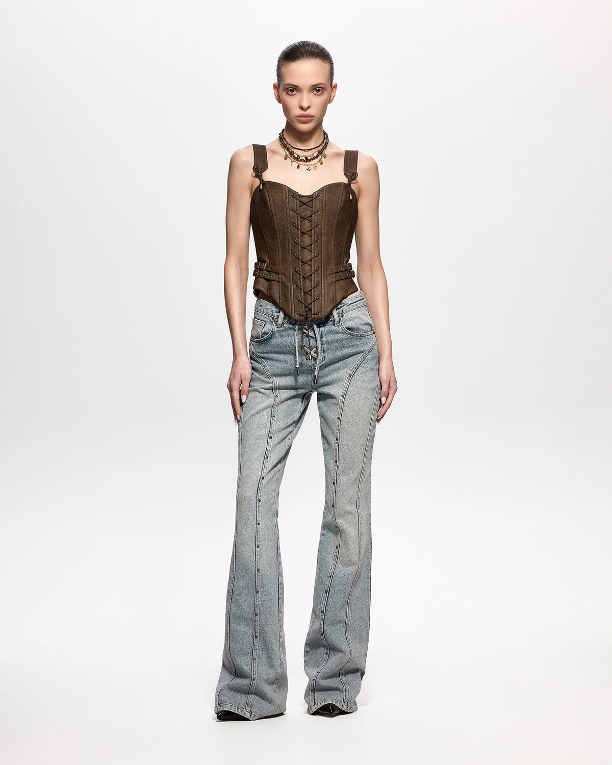 Lace-Up Flared Jeans with Studs Denim