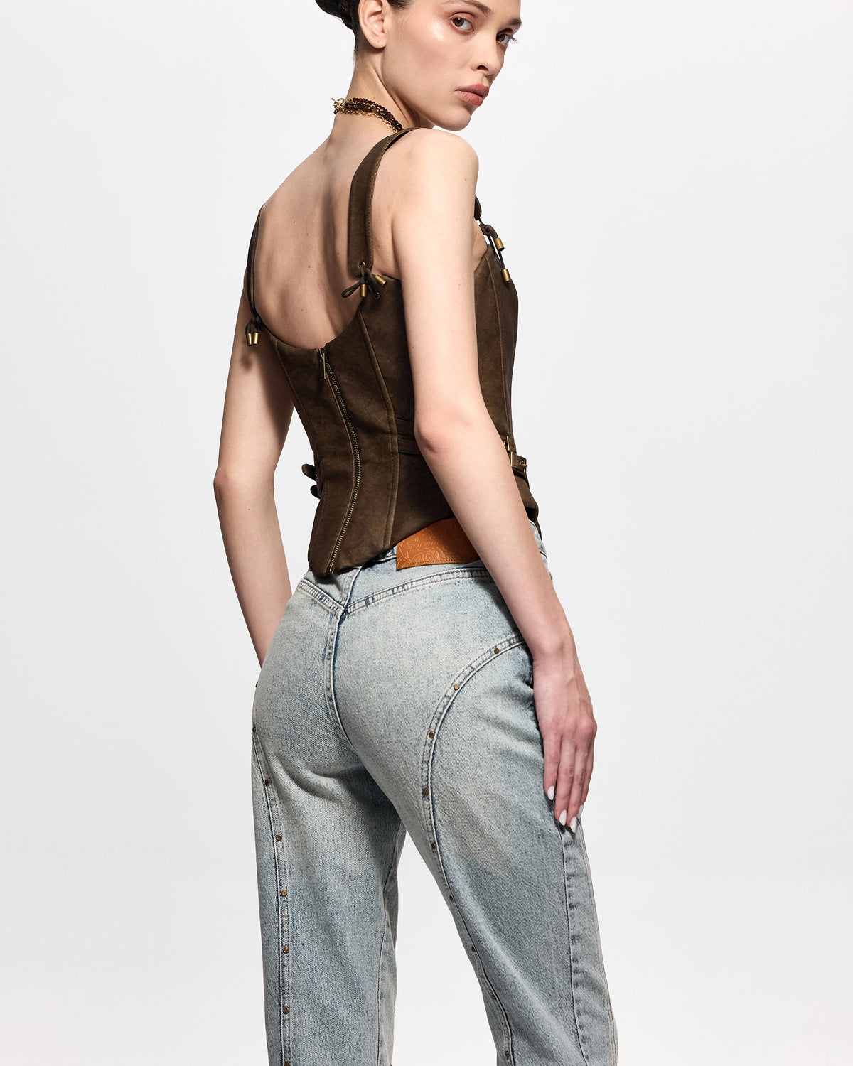 Lace-Up Flared Jeans with Studs Denim