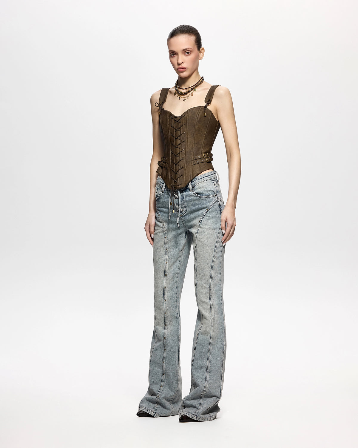 Lace-Up Flared Jeans with Studs Denim